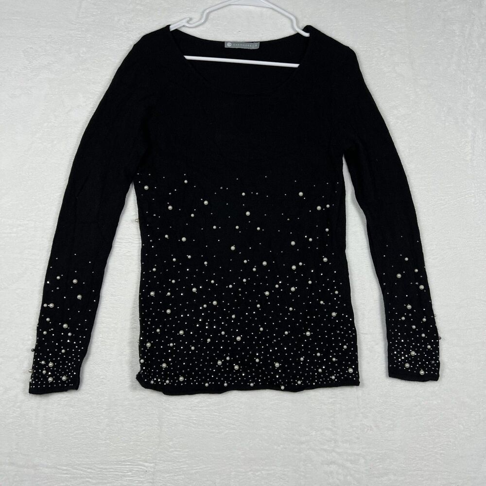 In Cashmere Womens Small Black 100% Cashmere Sweater Pearl Crystal Embellished